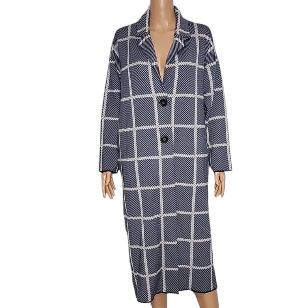 Magaschoni Women's Plaid Long Cardigan blue Coat Sweater Size S/P Small NWT